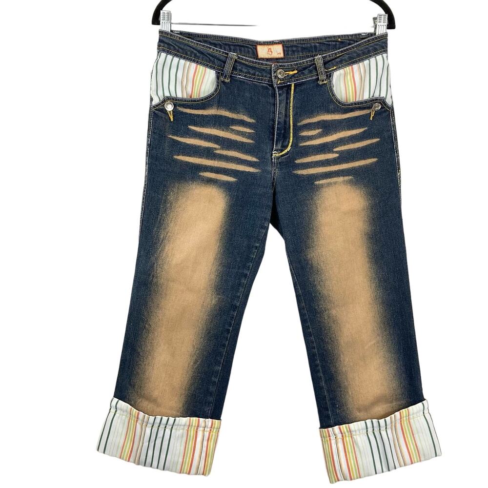 NWOT RAW BLUE LADY Jeans Women 13 Vintage Blue Brown Wash Capri Stripe Cuff